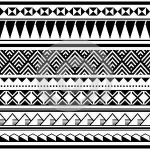 Polynesian tribal seamless vector pattern with geometric shapes, retro Hawaiian textile or fabric print in black and whtie