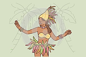 Polynesian woman performs exotic dance to entertain tourists visiting tropical island