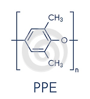 Polyp-phenylene oxide PPO polymer, chemical structure. Also known as polyp-phenylene ether or PPE. Skeletal formula.