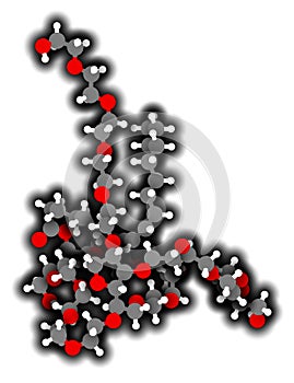 Polysorbate 80 surfactant and emulsifier molecule. 3D rendering.  Used in food (E433), cosmetics and medicines. Atoms are