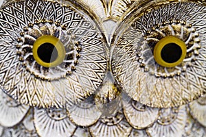 Polystone resin statue of owl. Close up macro shot