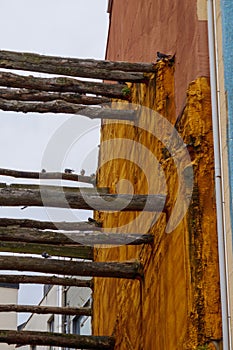 Polyurethane on isolated wall. Impermeable foam on the exterior of the building