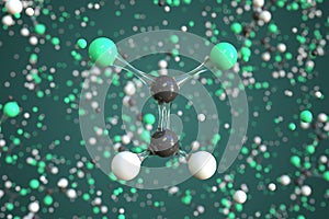 Polyvinylidene chloride molecule made with balls, conceptual molecular model. Chemical 3d rendering
