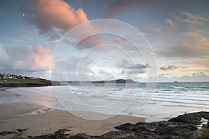 Polzeath beach in cornwall england at sunset