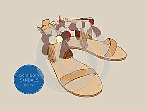 Pom pom sandals Bohemian fashion style vector.