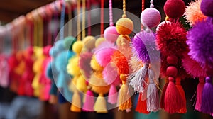 Pom-pom strands of various colors hang from a market stand in Chiapas, Mexico