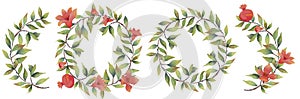 Pomegranate branch wreath with flowers and fruits set collection. Botanical illustration clipart.