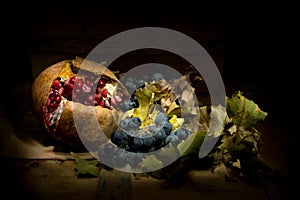 Pomegranate and bunches of black grapes