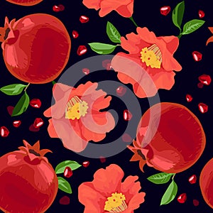 Pomegranate and Flowers Seamless Pattern