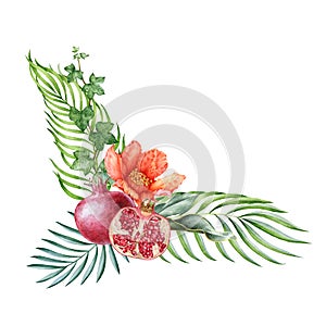 Pomegranate fruit with flower arrangement watercolor illustration. Hand drawn organic fruit with blossoms and palm leaves.