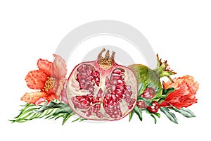 Pomegranate fruit and flower watercolor illustration. Hand drawn fresh garnet, organic fruit with blossoms and pomegranate leaves.