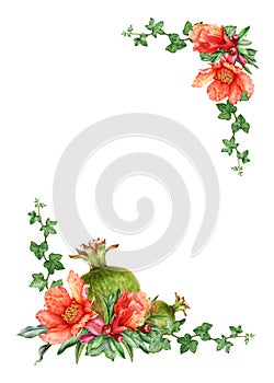 Pomegranate fruit and flowers with leaf watercolor composition. Hand drawn garnet pre-made card botanical illustration. Ready to p