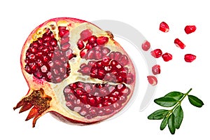 pomegranate fruit with seeds and green leaves isolated on white background top view