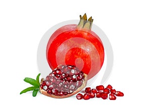 Pomegranate fruits with leaf and seeds isolated on white background