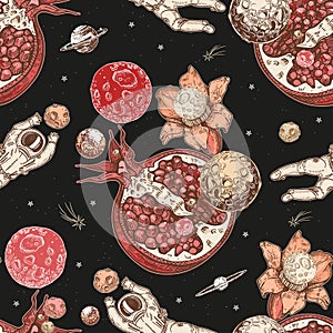 Pomegranate fruits, planets, flower and astronaut. Space illustration. Seamless surreal pattern. photo