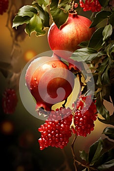 Pomegranate, green leaves, and other fruit, in the style of caras ionut