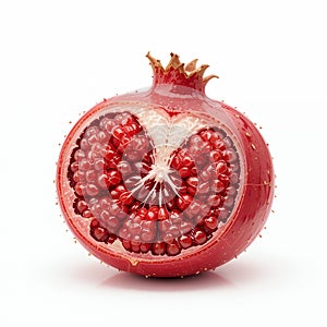 Pomegranate Half Revealing Juicy Arils, Seeds of Ruby on White Backdrop photo