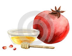 Pomegranate and honey in bowl with honey dipper spoon for Rosh Hashanah and Yom Kippur holidays watercolor illustration