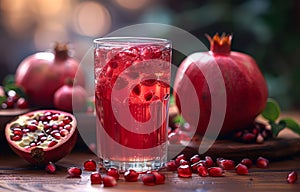 Pomegranate juice or cocktail with fresh pomegranate fruits on wooden table