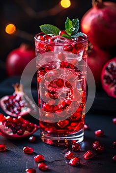 Pomegranate juice with fresh pomegranate fruits and mint on dark background
