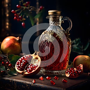 The pomegranate juice gold time glass bottle stood out against the backdrop of an old worn cracked wall. photo