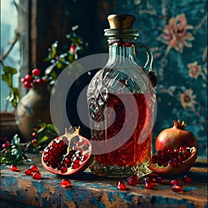The pomegranate juice gold time glass bottle stood out against the backdrop of an old worn cracked wall. photo