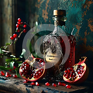 The pomegranate juice gold time glass bottle stood out against the backdrop of an old worn cracked wall. photo