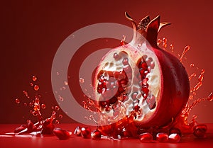 Pomegranate in juice splash and seeds on a red background