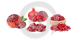 Pomegranate with leaf  on white background