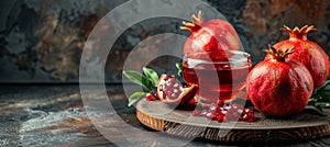 Pomegranate molasses and sauce with ripe whole and split fruit in glass bowl on tabletop