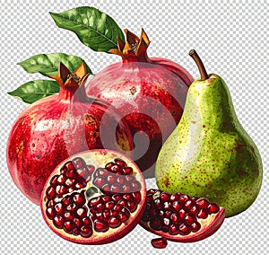 Pomegranate and Pear Illustration, Fresh Fruit Concept