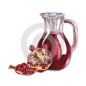 Pomegranate and pomegranate juice in a decanter Watercolor hand drawn illustration. Isolate on white background. for