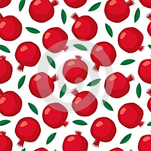 Pomegranate seamless pattern with green leaves on white background.