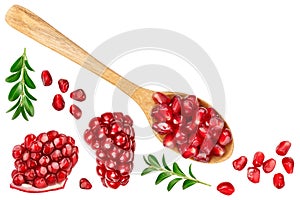 Pomegranate seeds in wooden spoon isolated on white background. Top view with copy space for your text. Flat lay