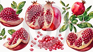 Pomegranate set composition watercolor isolated on white background, generative Ai