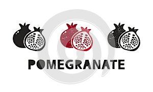 Pomegranate, silhouette icons set with lettering. Imitation of stamp, print with scuffs. Simple black shape and color vector