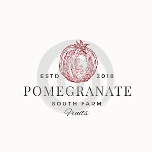 Pomegranate South Farm Abstract Vector Sign, Symbol or Logo Template. Hand Drawn Sketch Fruit with Retro Typography photo