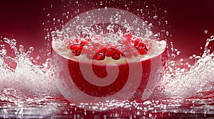 Pomegranate Splash Close-up Red Background