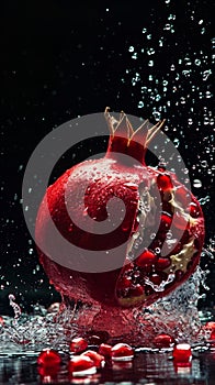 Pomegranate Splashing Into Water - Fresh Fruit Diving Underwater at High Speed