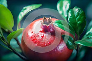 Pomegranate tree branch with ripe red pomegranate and green leaves on dark background