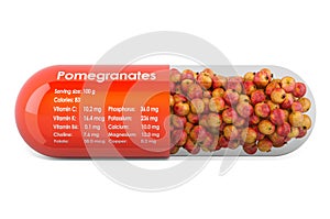 Pomegranate, vitamins and minerals composition in pomegranates. 3D rendering