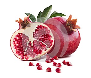 Pomegranate whole and half cut leaves isolated on white