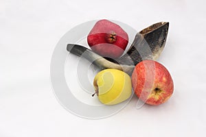 Pomegranates, apples and a horn symbols of the Jewish new year (