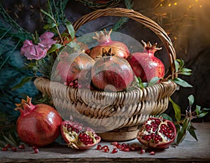 Basket with pomegranates photo