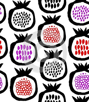 Pomegranates decorative seamless pattern. Vector fruits background drawn by ink and brush.