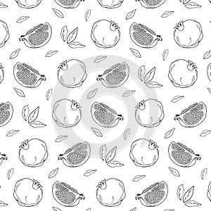 Pomegranates and leaves line pattern, vector seamless fruit background