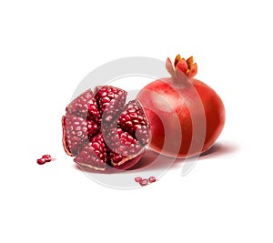 Red Pomegranates isolated with seeds on white background watercolor close up illustration