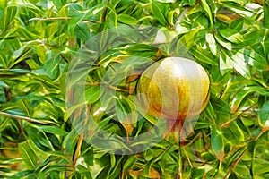 Pomegranates on tree banches in green nature.