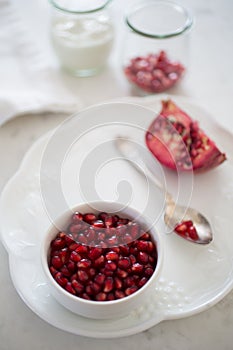 Pomegranates and yogurt play on white (Shallow DOF)