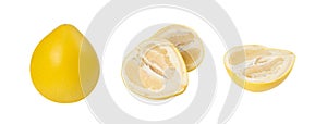 Pomelo Fruit in Hand Isolated on White, Yellow Whole Pomelo on White Background, Clipping Path